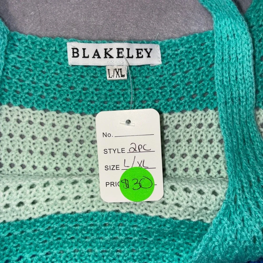 341 Blakeley Crochet Knit 2pc Set L/XL Blue Teal Striped Tank Maxi Skirt